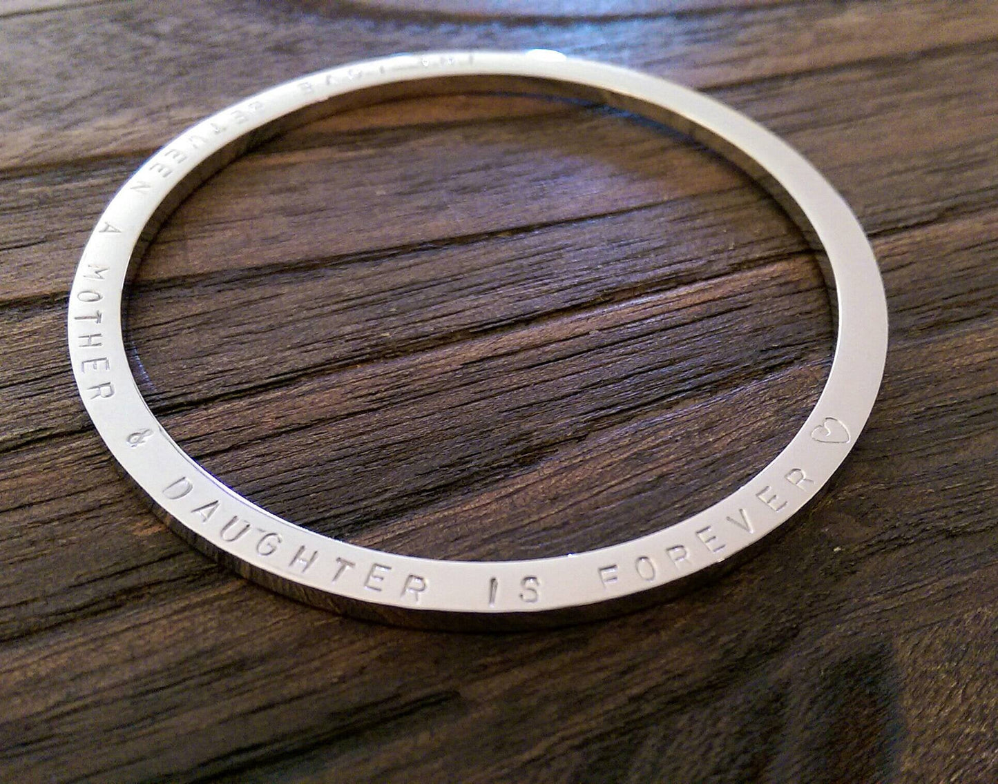Hand Stamped Bangle The Love Between A Mother & Daughter is Forever Heart Symbol Stainless Steel. Ready 2 post. Large 68mm