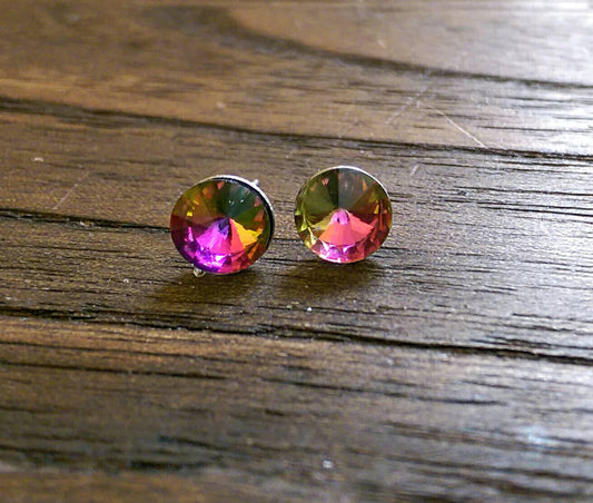 Glass Crystal Stud Earrings Stainless Steel. Choose colour: Clear, Multi coloured, Light Blue or Aquamarine