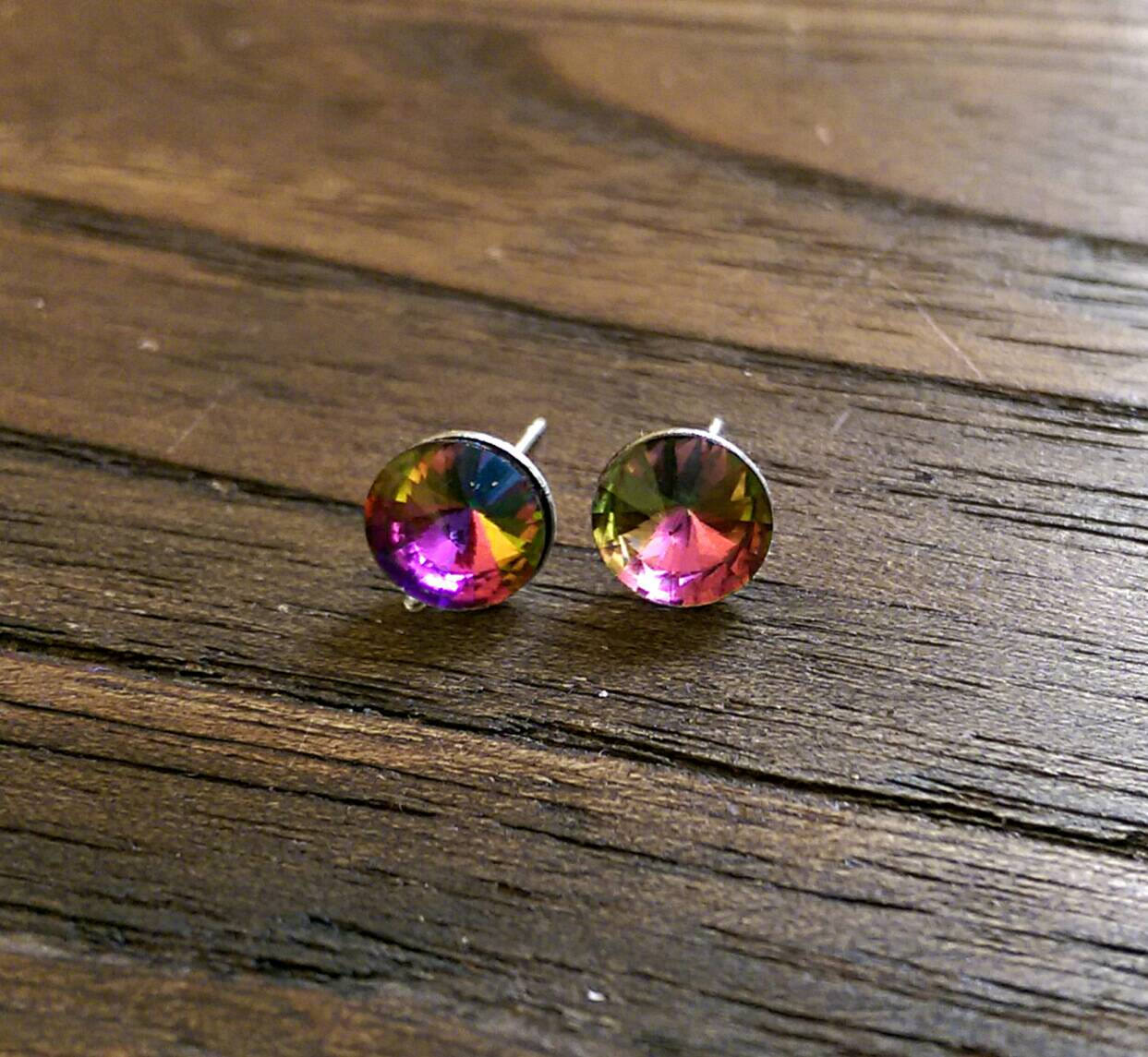 Glass Crystal Stud Earrings Stainless Steel. Choose colour: Clear, Multi coloured, Light Blue or Aquamarine