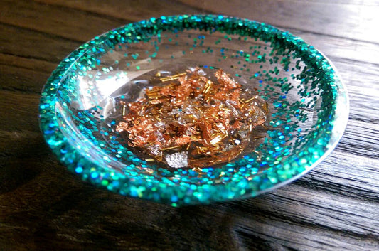 Ring Trinket Dish Turquoise Sparkly Glitter Mixed with Silver, Gold & Rose Gold Leaf - Silver and Resin Designs