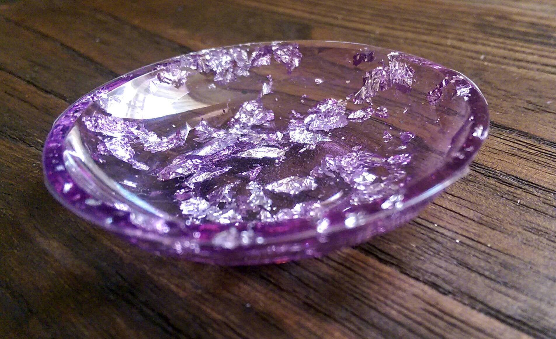 Trinket Ring Dish, Purple and Silver Leaf Ring Dish, Hand Made Resin Dish - Silver and Resin Designs