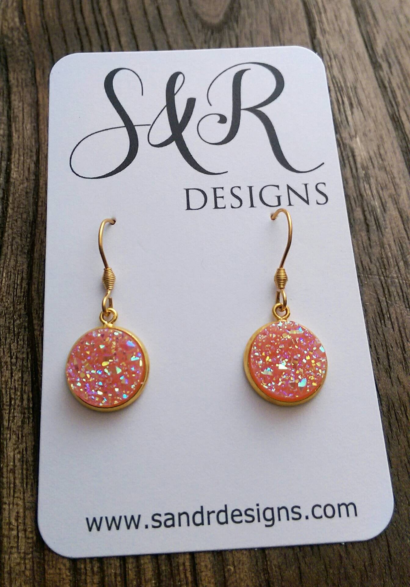 Peach AB Faux Druzy Dangle Earrings made of Stainless Steel Gold - Silver and Resin Designs