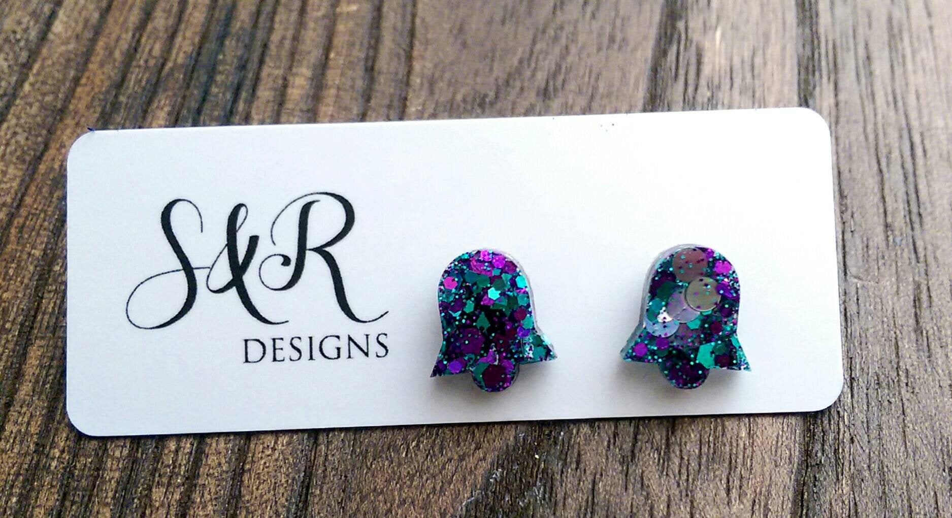 Bell Flower Resin Stud Earrings, Silver Purple Teal Glitter Earrings. Stainless Steel Stud Earrings. - Silver and Resin Designs