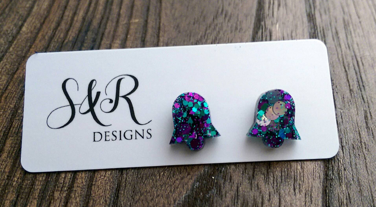 Bell Flower Resin Stud Earrings, Silver Purple Teal Glitter Earrings. Stainless Steel Stud Earrings. - Silver and Resin Designs