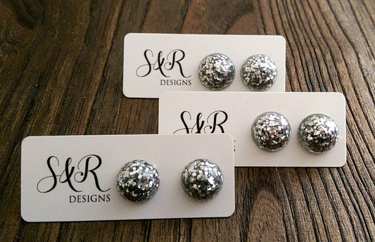 Resin Circle Stud earrings stainless steel Silver Glitter Earrings Sparkly. - Silver and Resin Designs