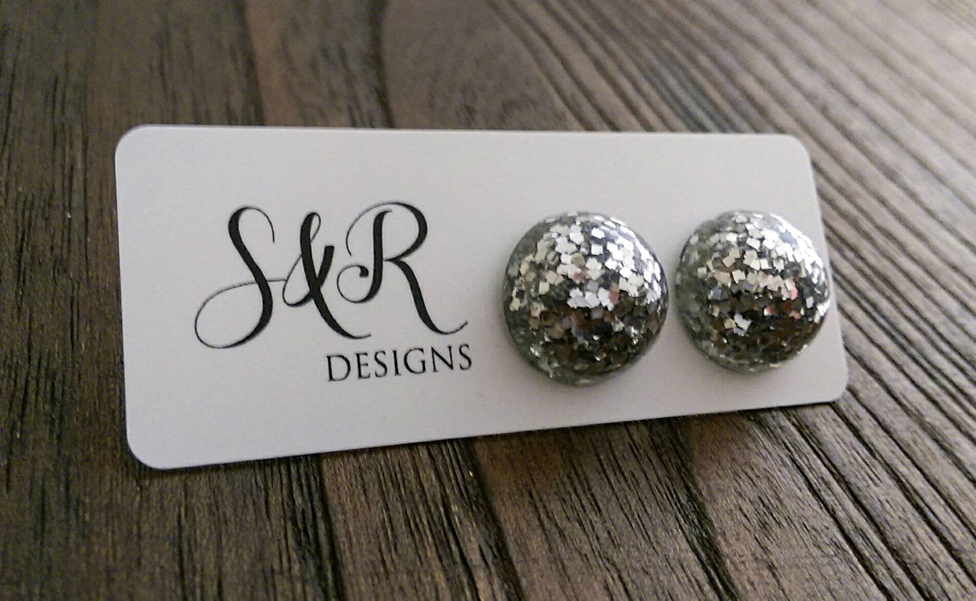 Resin Circle Stud earrings stainless steel Silver Glitter Earrings Sparkly. - Silver and Resin Designs