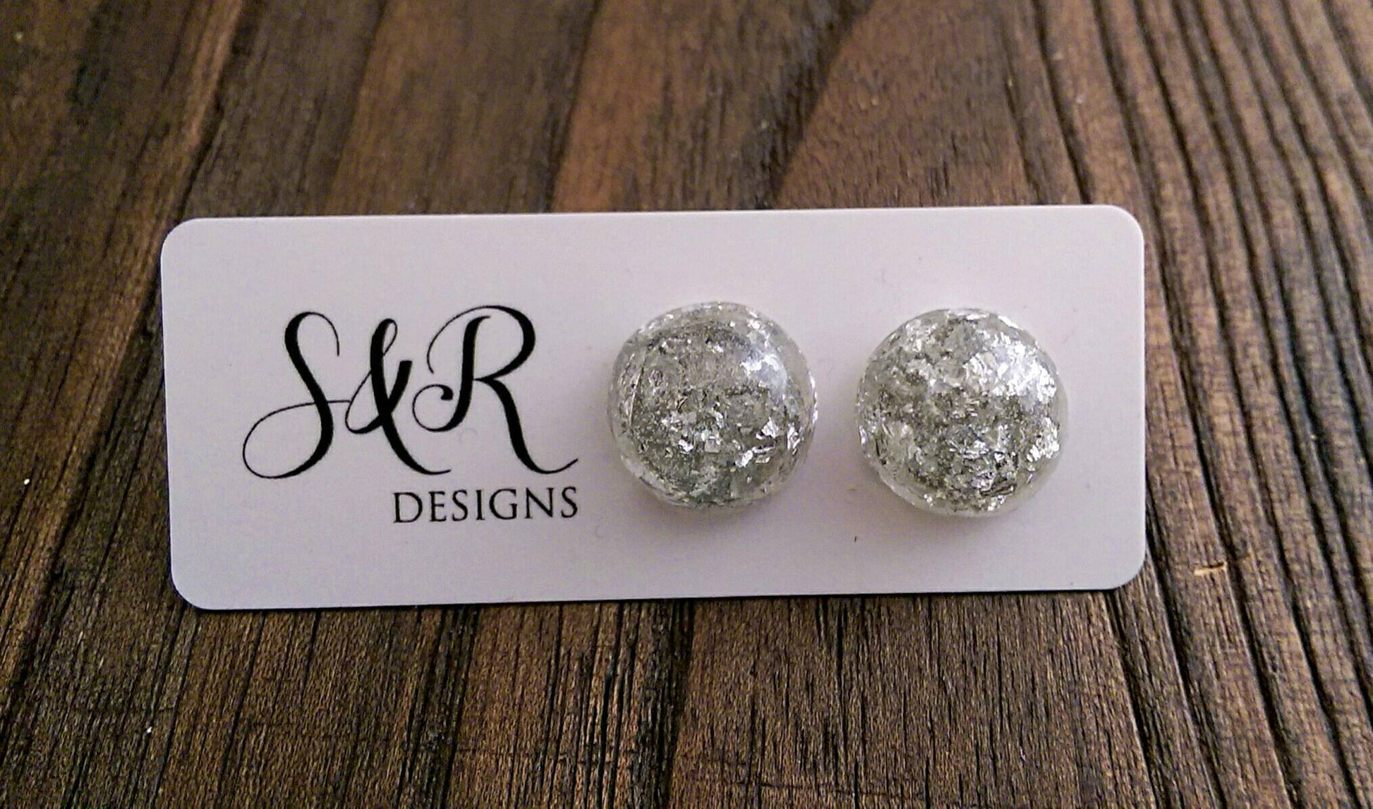 Resin Circle Stud earrings 15mm Silver Leaf mix Stainless Steel - Silver and Resin Designs