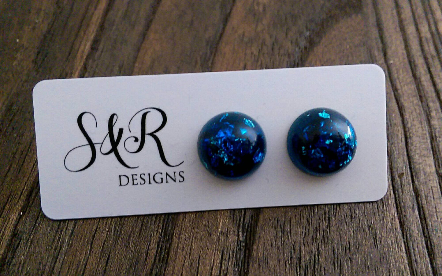 Resin Circle Stud earrings Blue Silver Leaf mix Stainless Steel 14mm