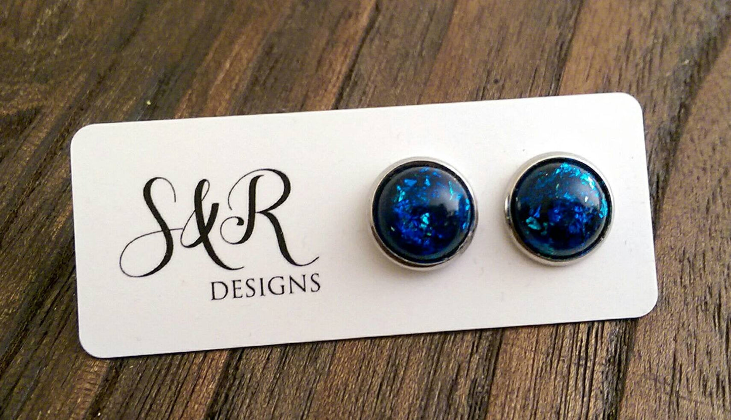 Resin Circle Stud Earrings, Stainless Steel 12mm Blue or Teal Earrings