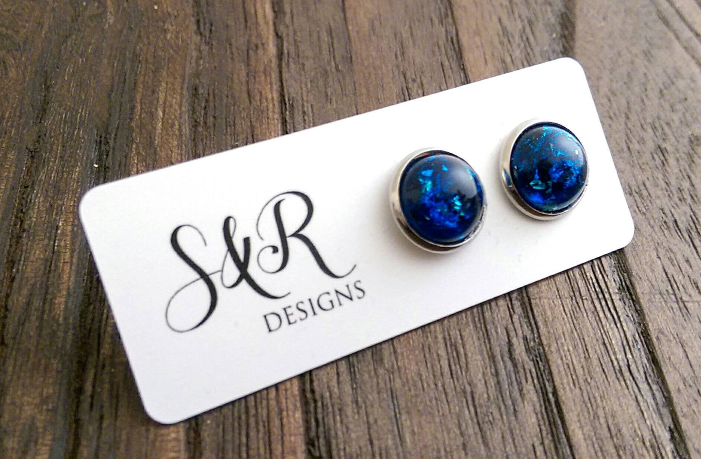 Resin Circle Stud Earrings, Stainless Steel 12mm Blue or Teal Earrings