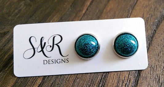 Resin Circle Stud Earrings, Stainless Steel 12mm Blue or Teal Earrings