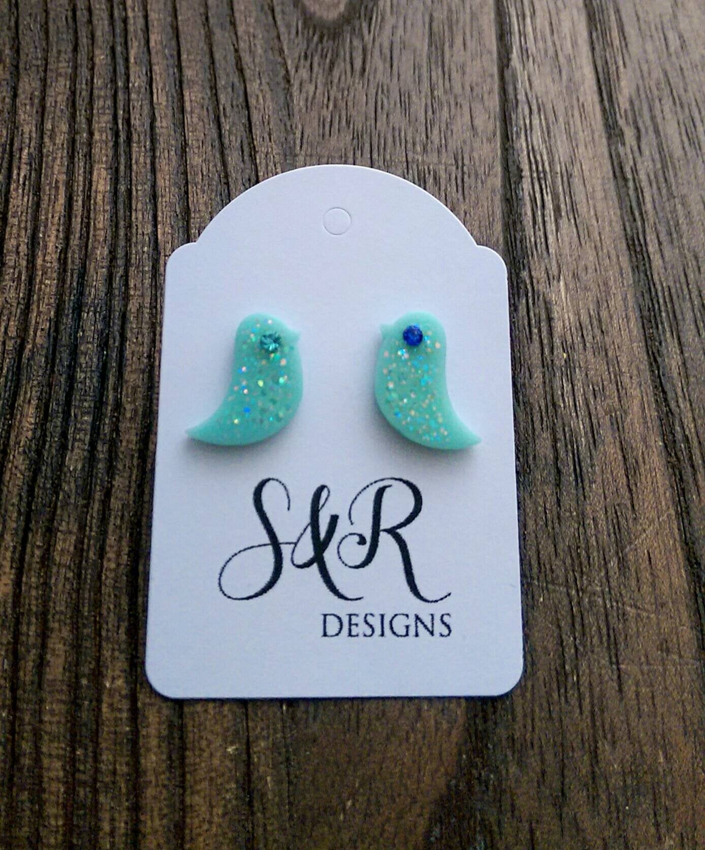 Blue Bird Resin Earrings, Glitter Earrings, Crystal Glass Earrings, Stainless Steel Earrings