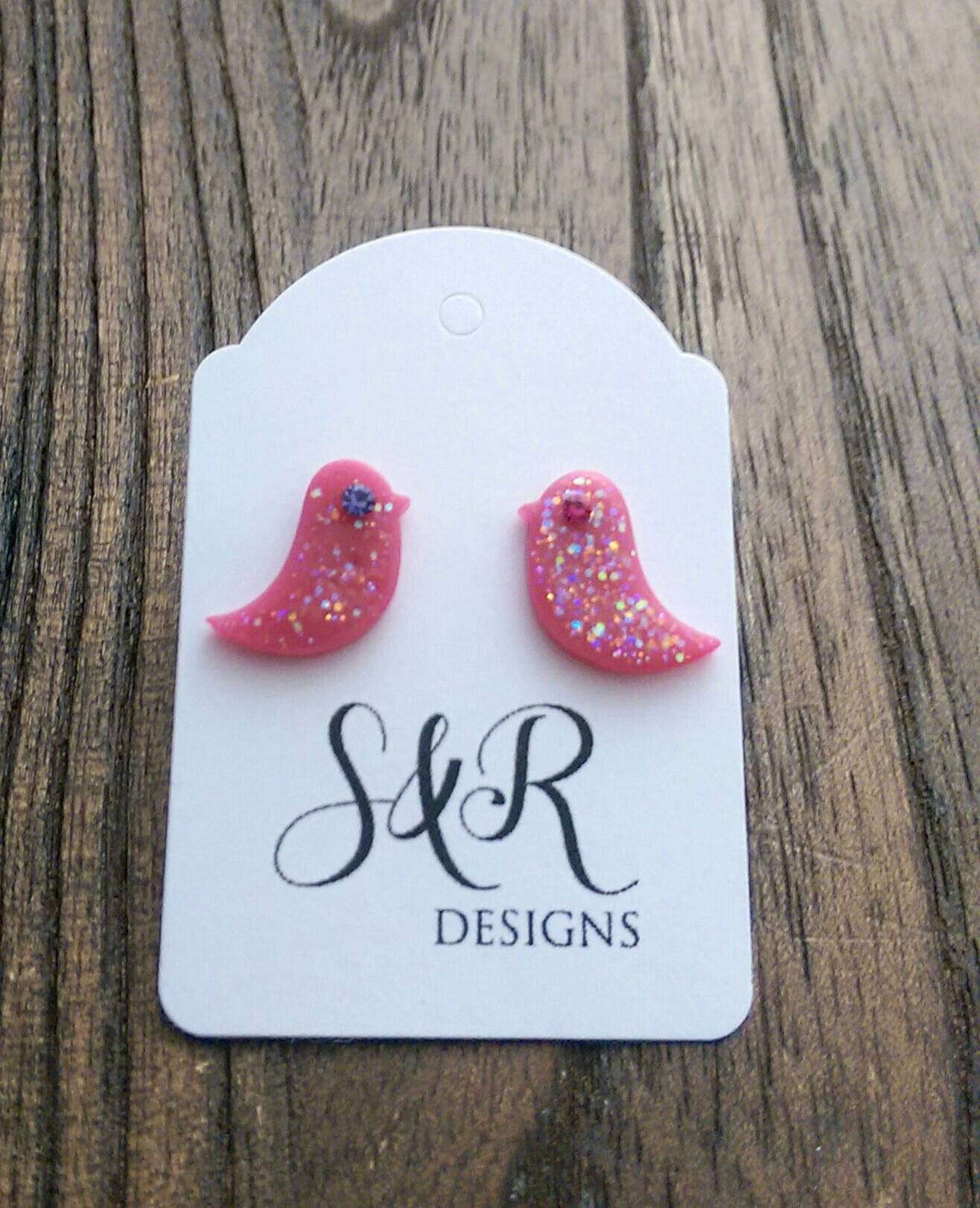Pink Bird Resin Earrings, Glitter Earrings, Crystal Glass Earrings, Stainless Steel Earrings
