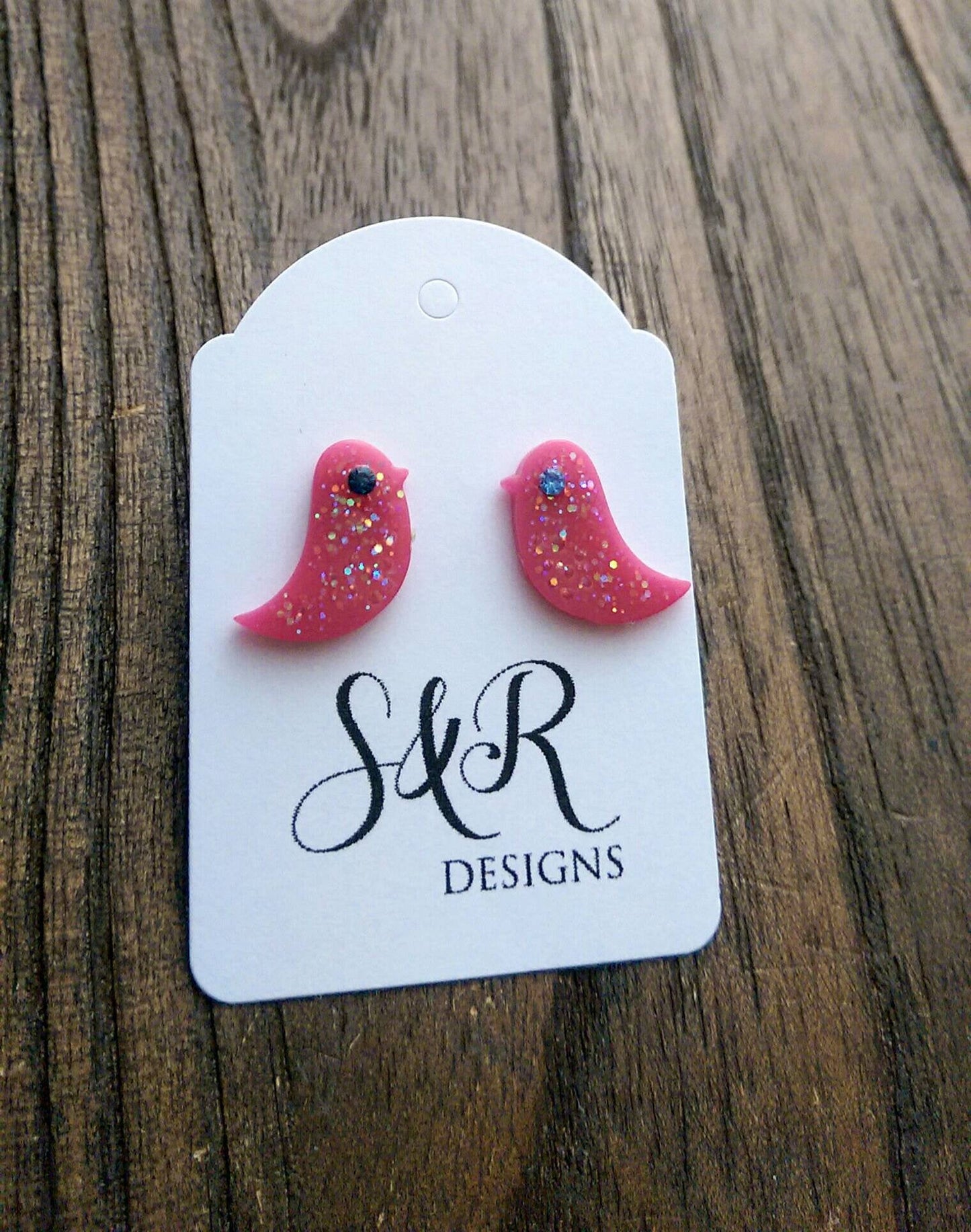 Pink Bird Resin Earrings, Glitter Earrings, Crystal Glass Earrings, Stainless Steel Earrings
