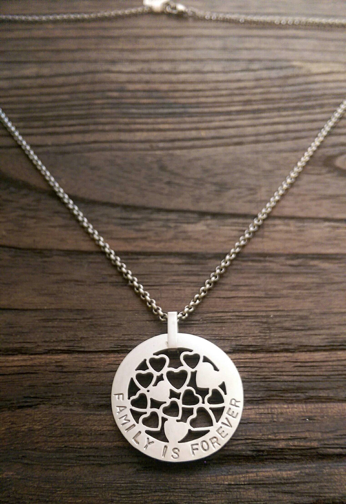 Hand Stamped Personalised Circle Necklace Multi Hearts  Design 30mm Silver Necklace "Family is Forever" Ready Made ready to post.