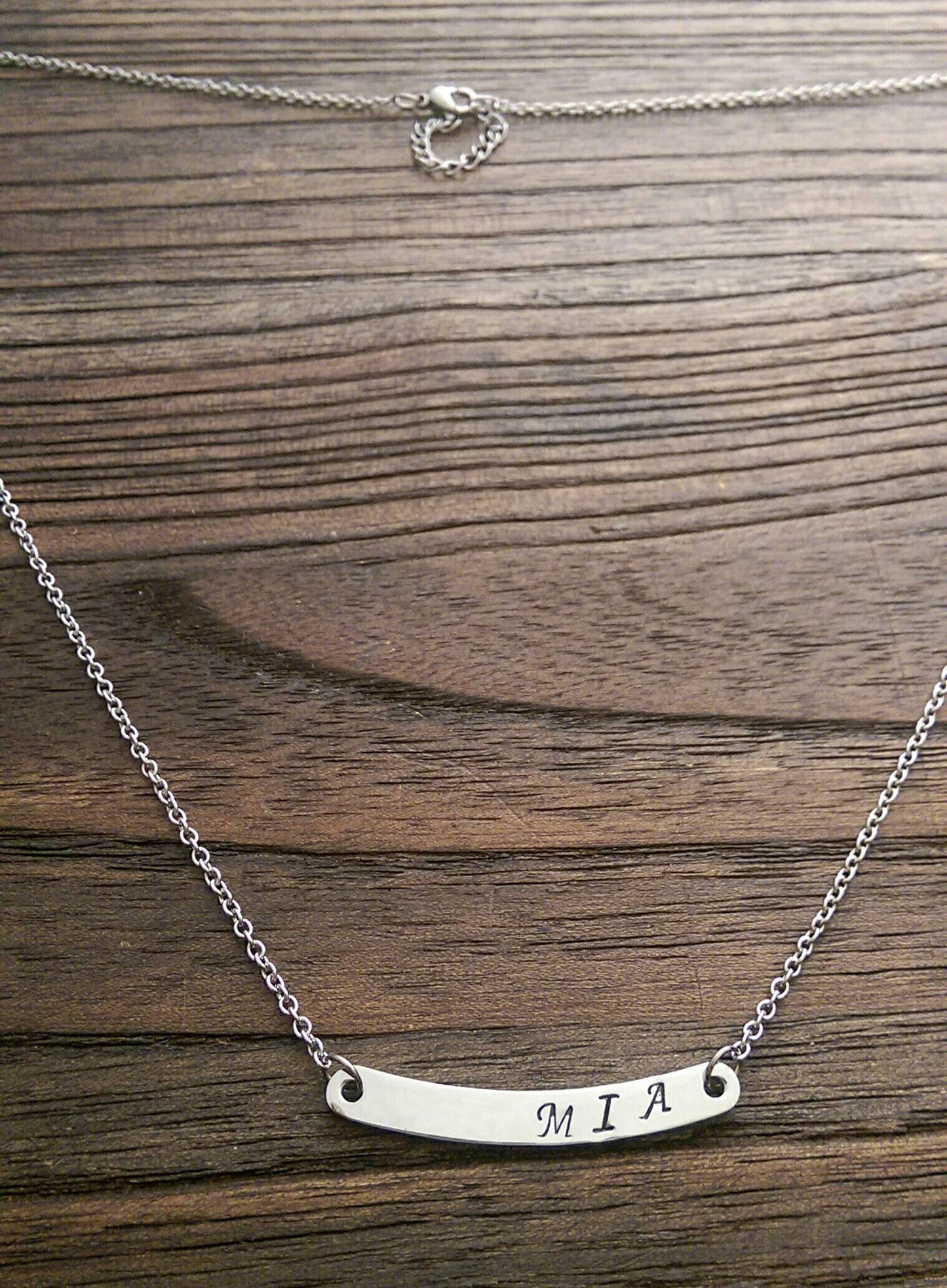 Hand Stamped Personalised Curved Bar Name Necklace  "MIA" Ready Made ready to post. - Silver and Resin Designs