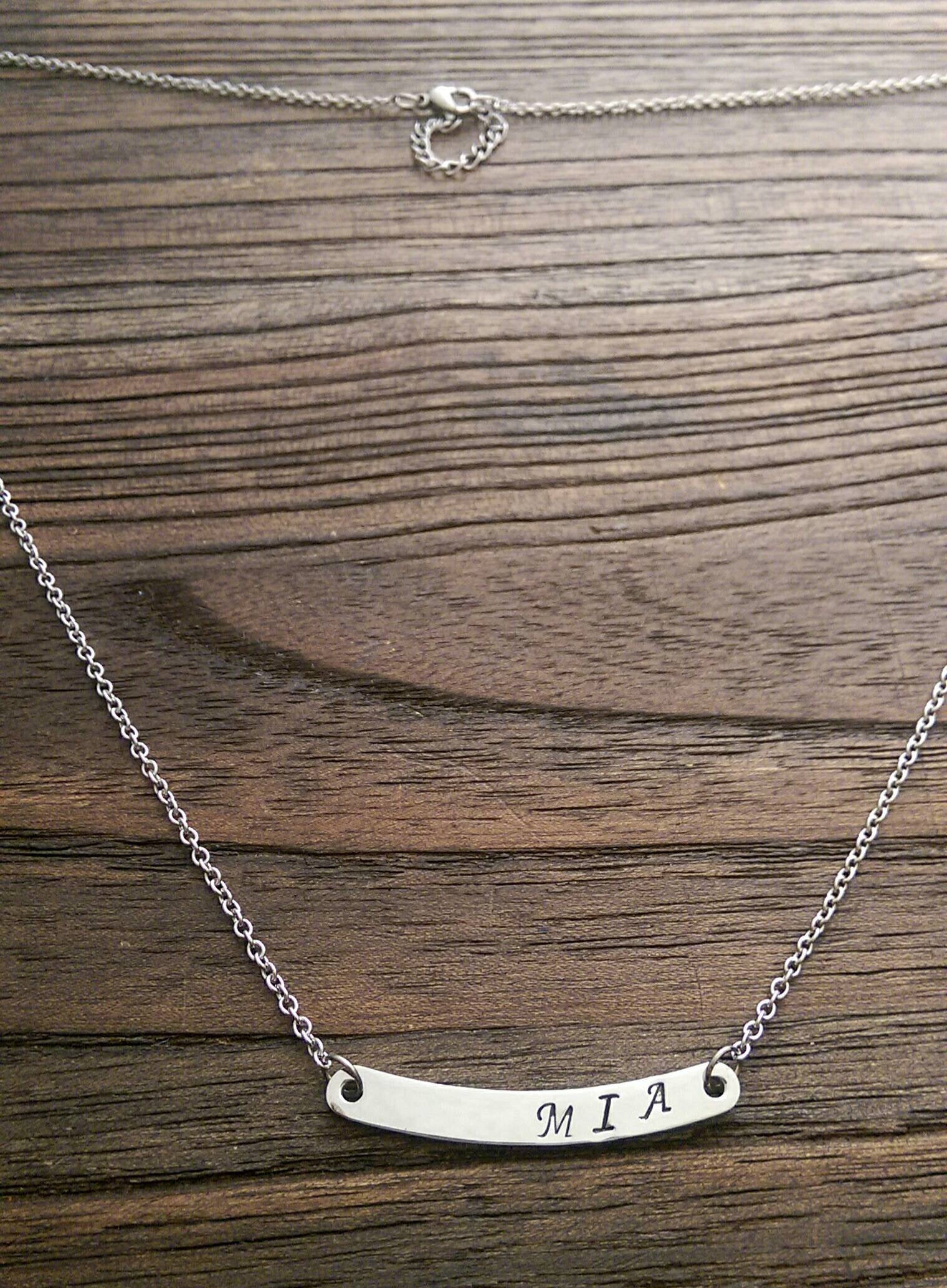 Hand Stamped Personalised Curved Bar Name Necklace  "MIA" Ready Made ready to post. - Silver and Resin Designs