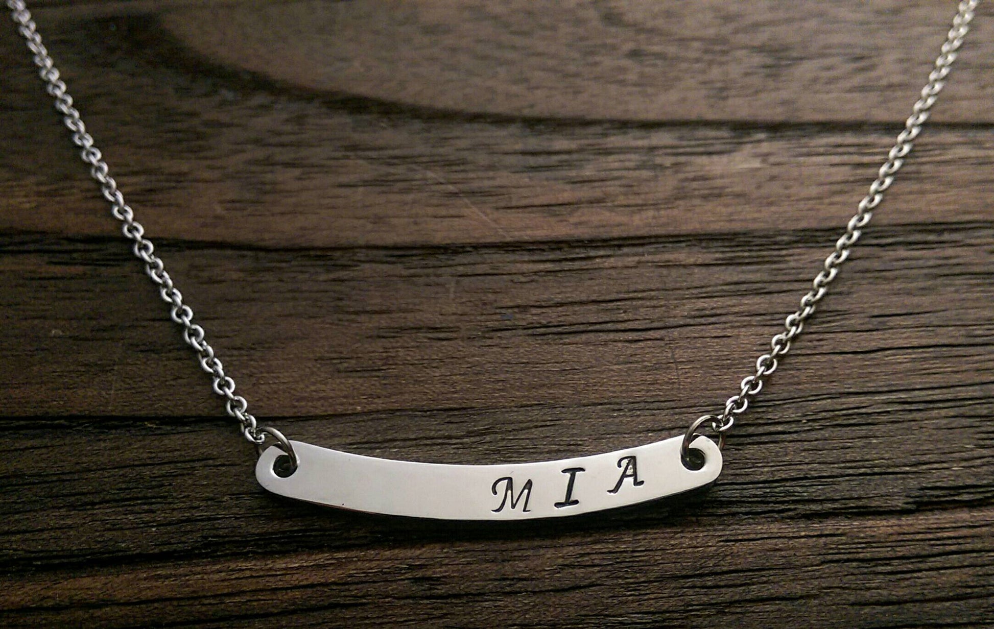 Hand Stamped Personalised Curved Bar Name Necklace  "MIA" Ready Made ready to post. - Silver and Resin Designs