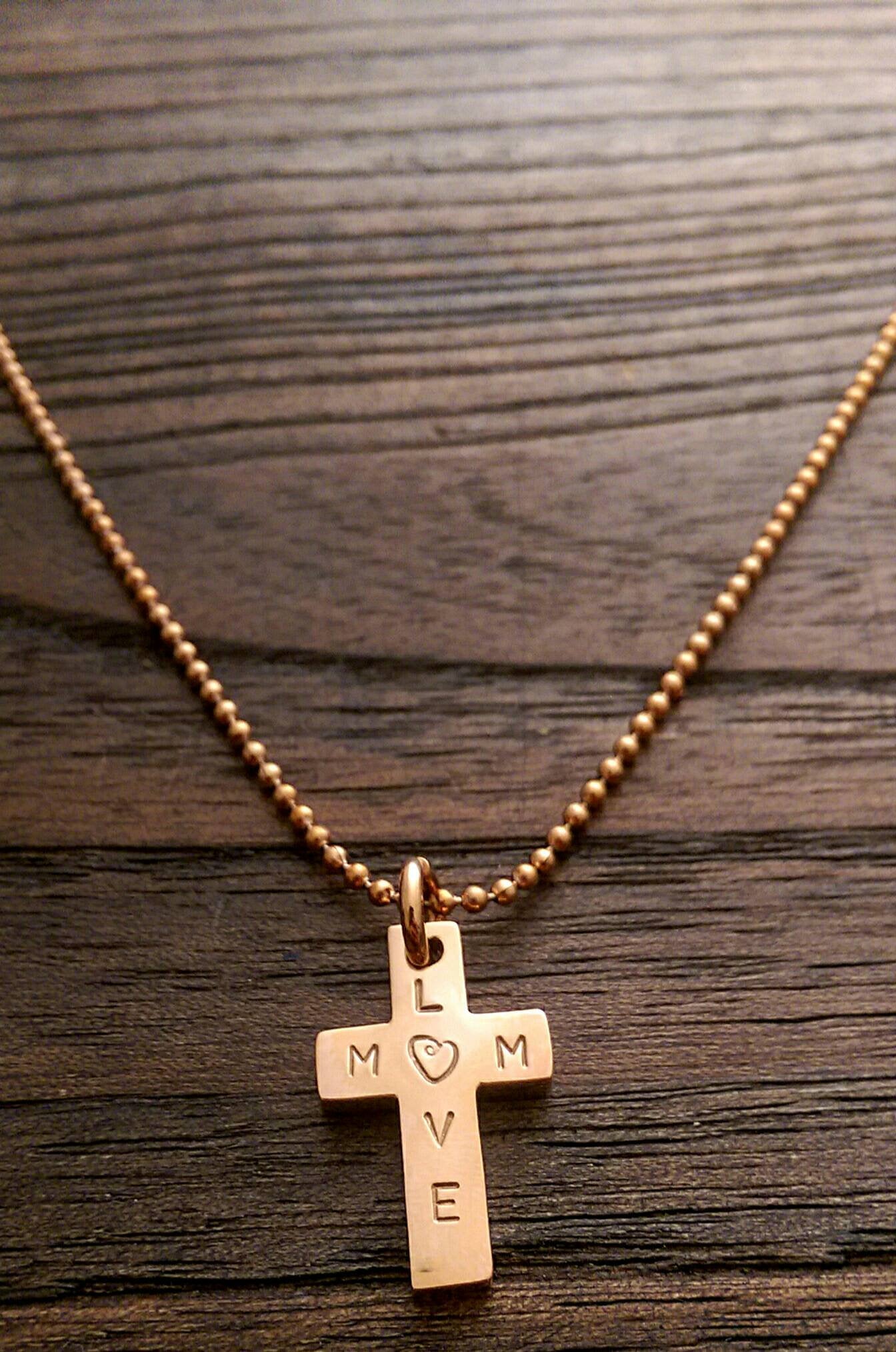 Hand Stamped Personalised Cross Necklace Rose Gold  "Love Mum" Ready Made ready to post.