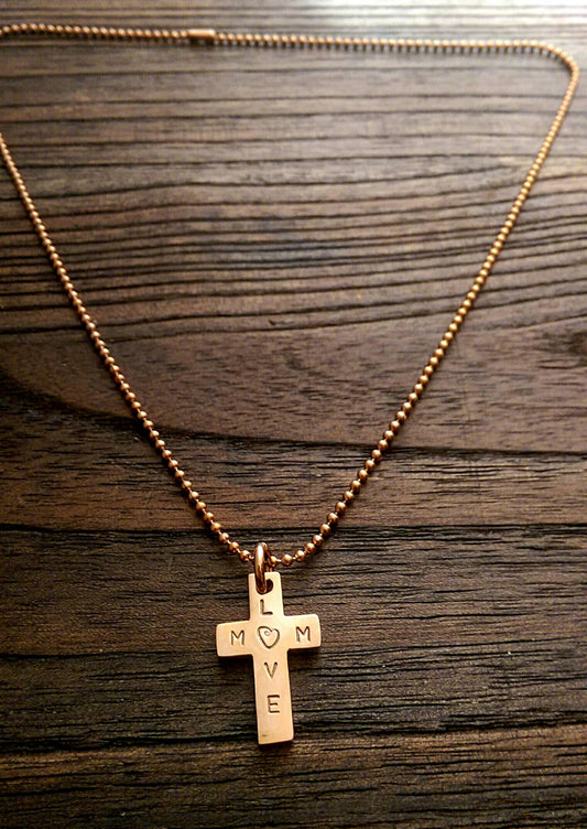 Hand Stamped Personalised Cross Necklace Rose Gold  "Love Mum" Ready Made ready to post.