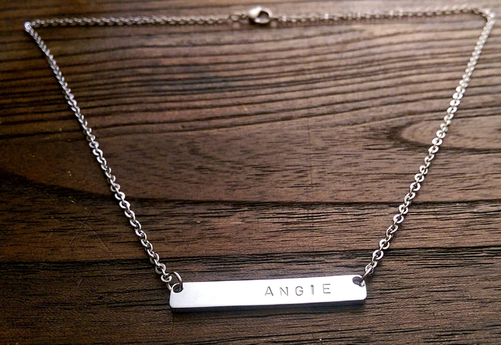 Personalised Name Bar Necklace Curved Bar Stainless Steel. - Silver and Resin Designs