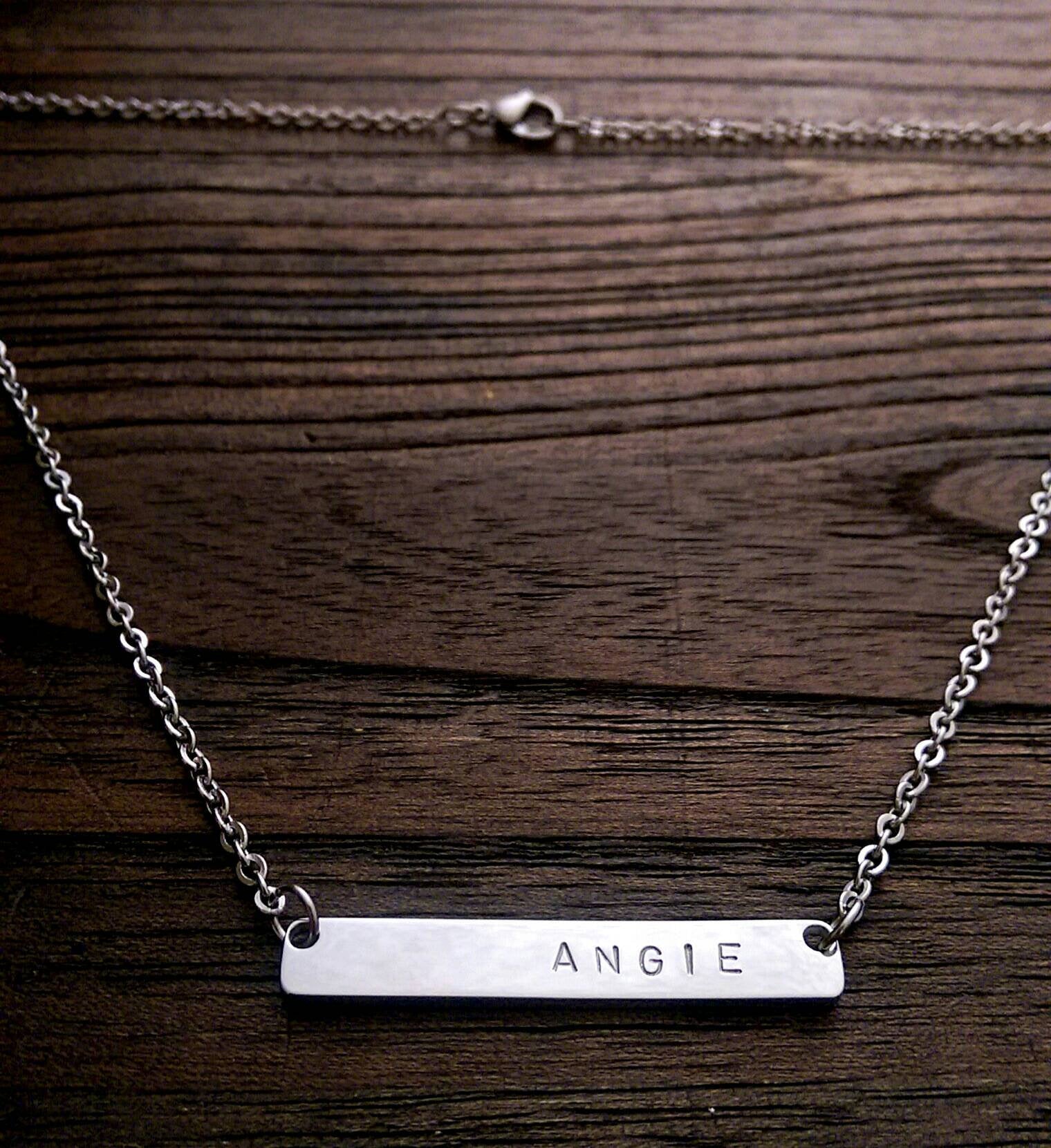 Personalised Name Bar Necklace Curved Bar Stainless Steel. - Silver and Resin Designs