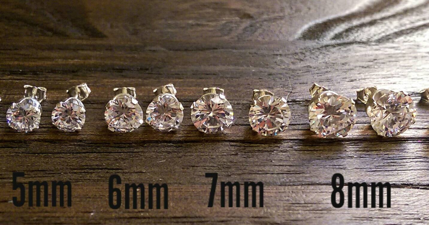 Sterling Silver CZ Stud Earrings, Cubic Zirconia Stud Earrings 2mm, 3mm, 4mm, 5mm, 6mm, 7mm, 8mm, 9mm, 10mm or 12mm