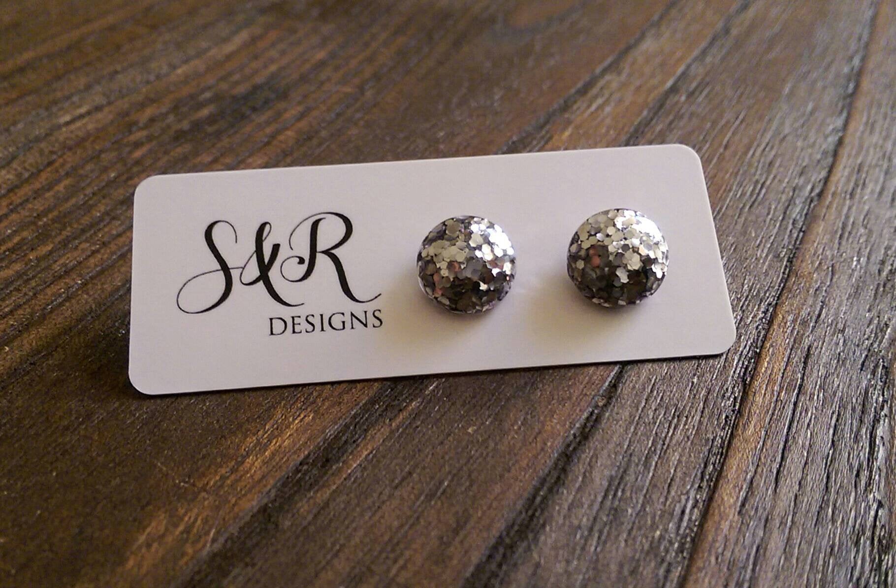 Circle Resin Stud Earrings, Silver Glitter Earrings, Stainless Steel Stud Earrings. 12mm - Silver and Resin Designs