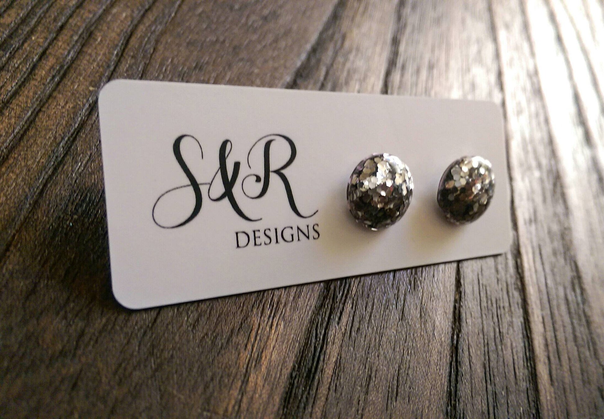 Circle Resin Stud Earrings, Silver Glitter Earrings, Stainless Steel Stud Earrings. 12mm - Silver and Resin Designs
