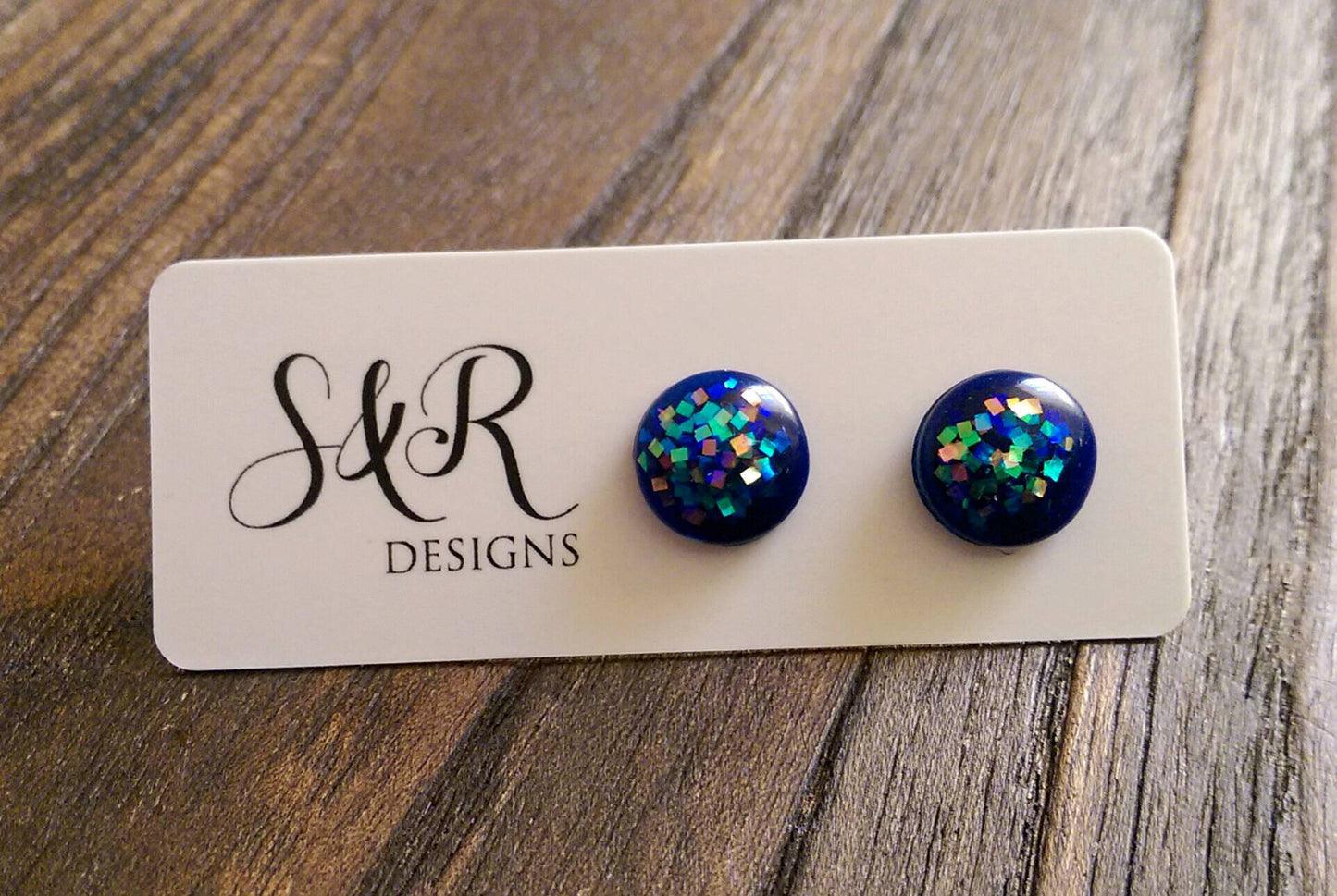 Circle Resin Stud Earrings, Blue Holographic Glitter 12mm - Silver and Resin Designs