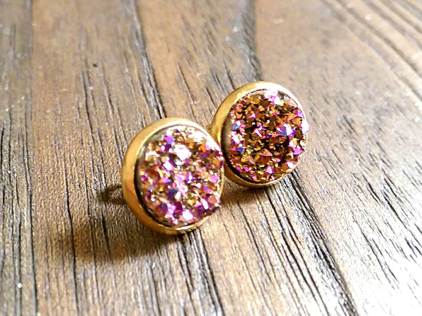 Rose Pink Faux Druzy Stud Earrings, Gold Plated Stainless Steel Earrings 12mm - Silver and Resin Designs