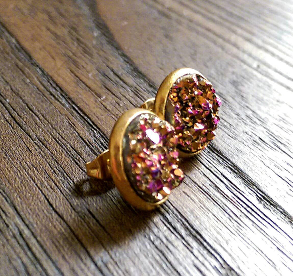 Rose Pink Faux Druzy Stud Earrings, Gold Plated Stainless Steel Earrings 12mm - Silver and Resin Designs