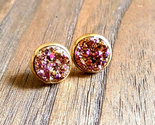 Rose Pink Faux Druzy Stud Earrings, Gold Plated Stainless Steel Earrings 12mm - Silver and Resin Designs