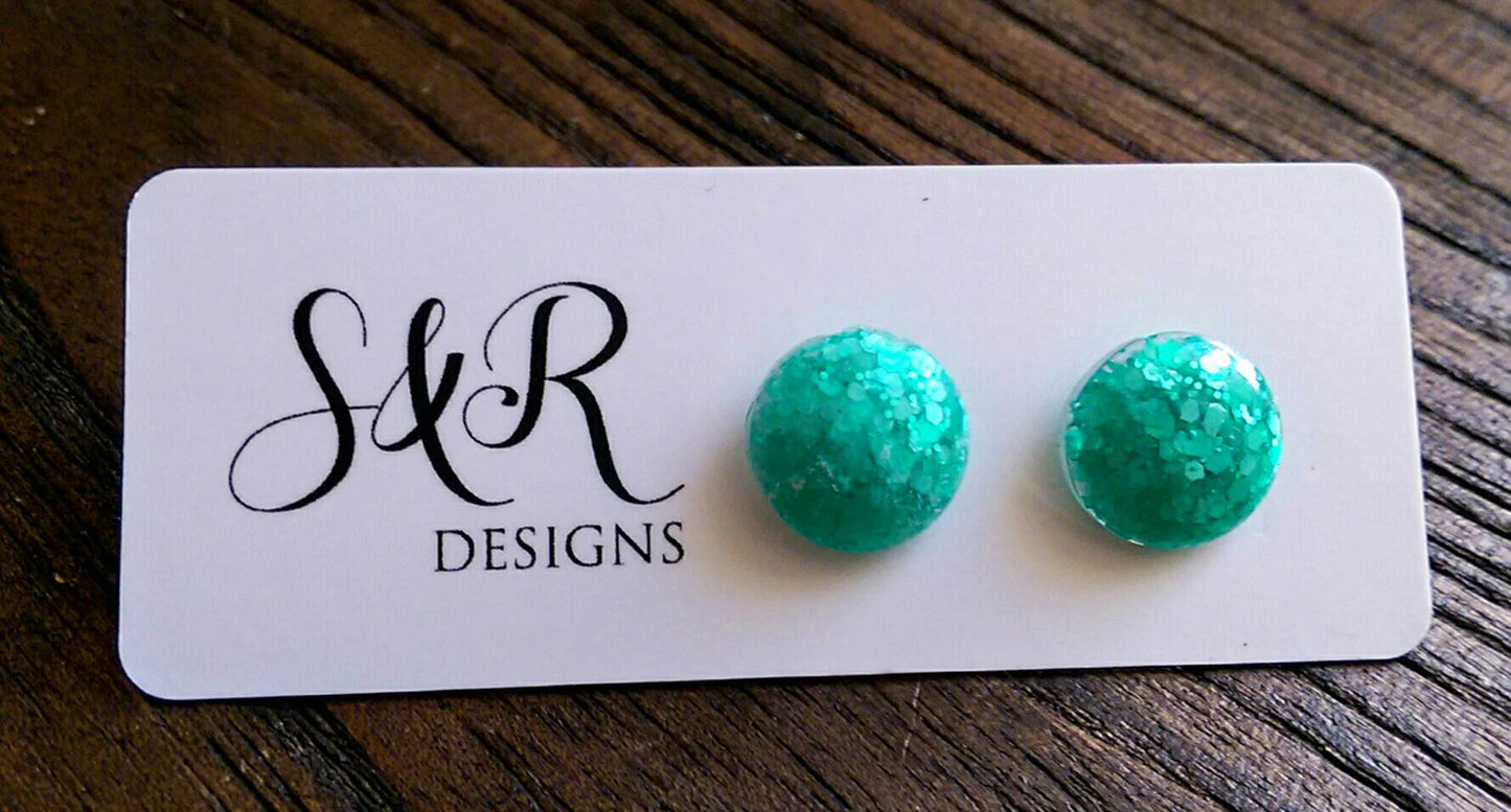 Mint Green Circle Resin Stud Earrings, Stainless Steel Stud Earrings. 12mm - Silver and Resin Designs