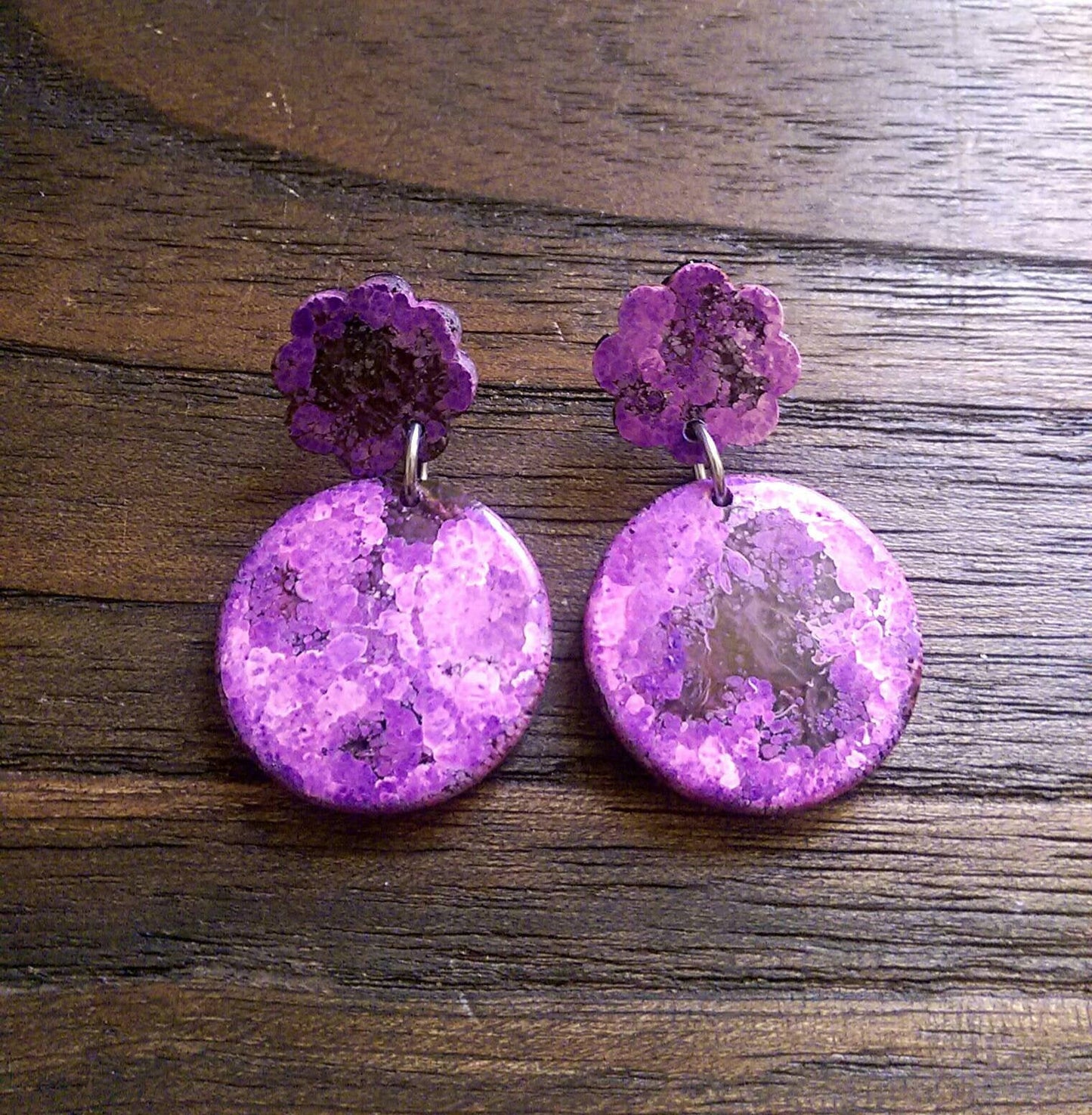 Purple Mix Long Earrings, Purple and White mix Stud Earrings, Flower Circle Resin Earrings, Stainless Steel Statement Earrings