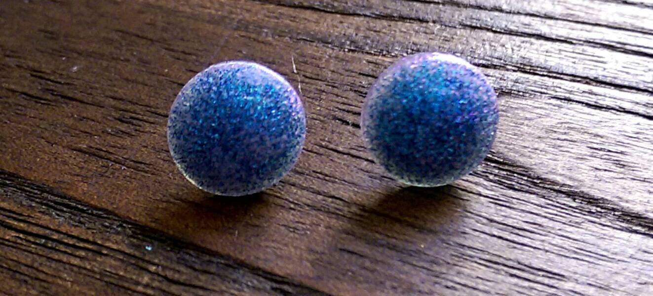 Circle Resin Stud Earrings, Purple, Blue Mix Shimmer Glitter Earrings - Silver and Resin Designs