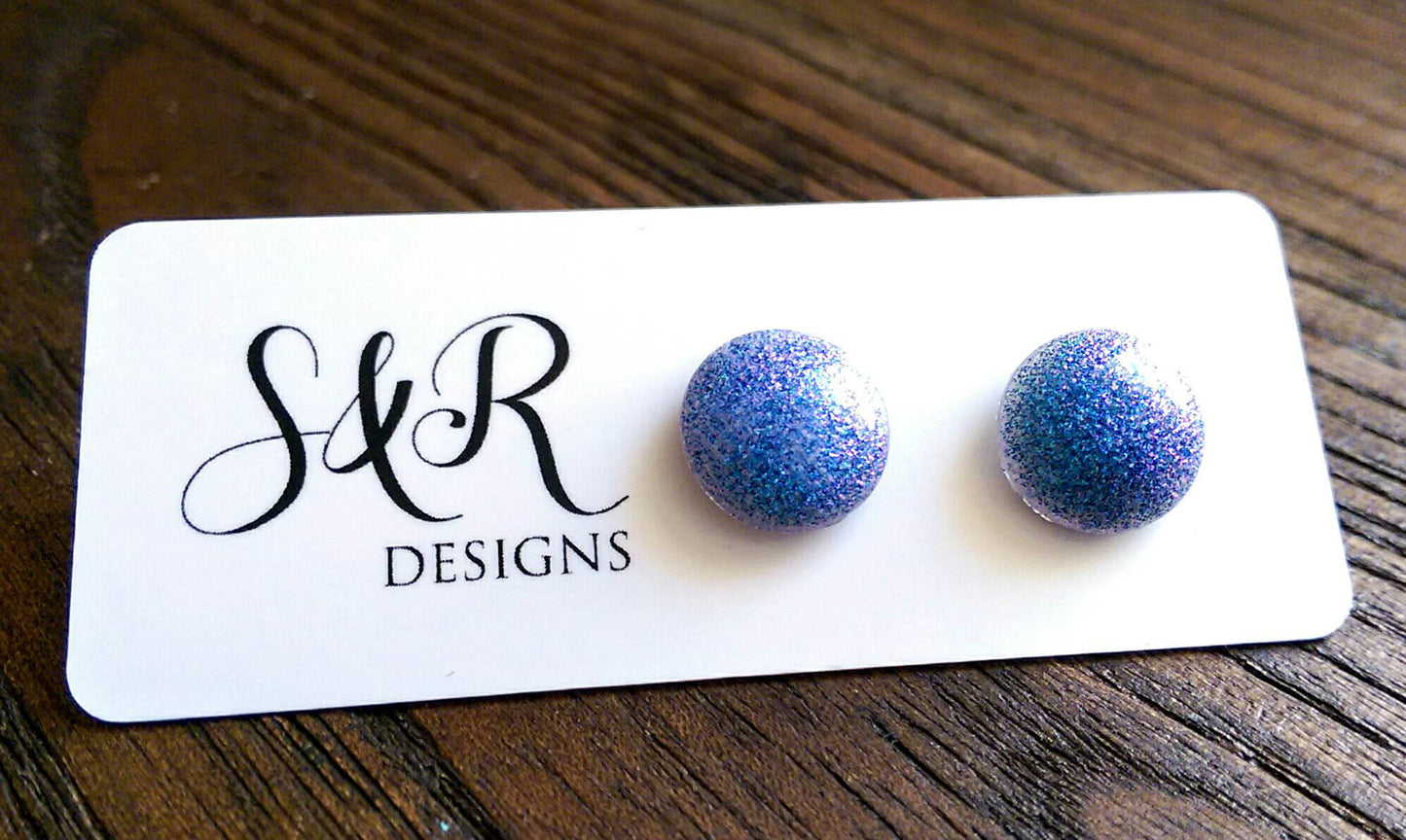 Circle Resin Stud Earrings, Purple, Blue Mix Shimmer Glitter Earrings - Silver and Resin Designs