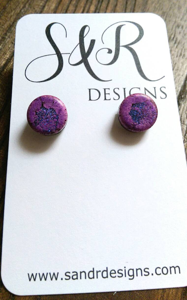 Purple Blue Glitter Circle Resin Stud Earrings made of Stainless Steel 12mm - Silver and Resin Designs