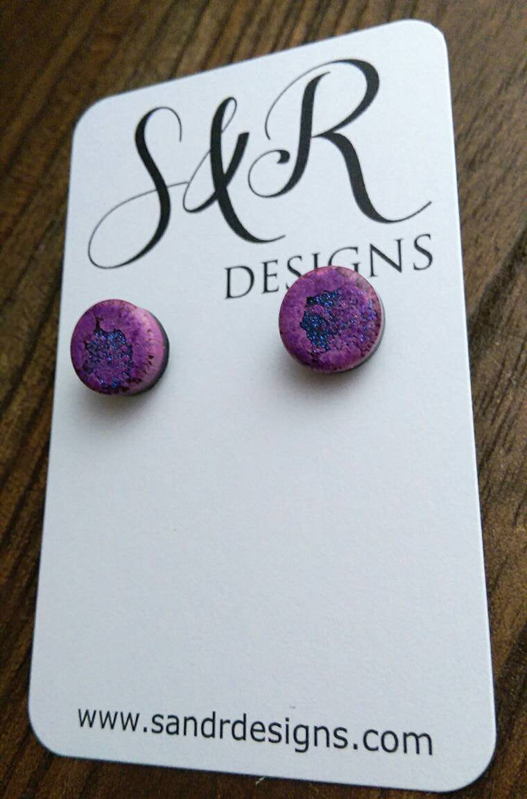 Purple Blue Glitter Circle Resin Stud Earrings made of Stainless Steel 12mm - Silver and Resin Designs