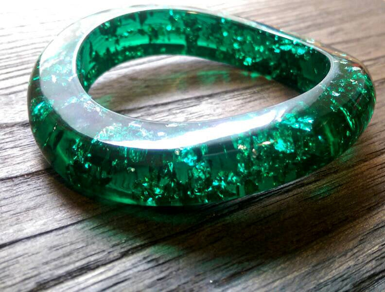 Resin Bangle, Emerald Green Silver Foil Mix Wave Design Handmade Bangle - Silver and Resin Designs