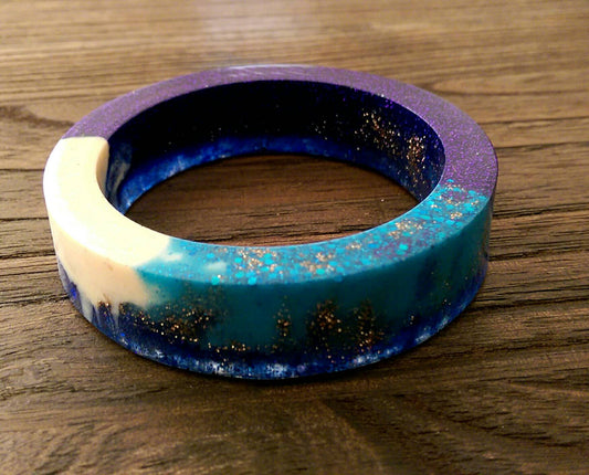 Galaxy Resin Bangle, One of a Kind Mix Blues, White & Glitter Resin Bangle Hand Made 62mm Diameter - Silver and Resin Designs