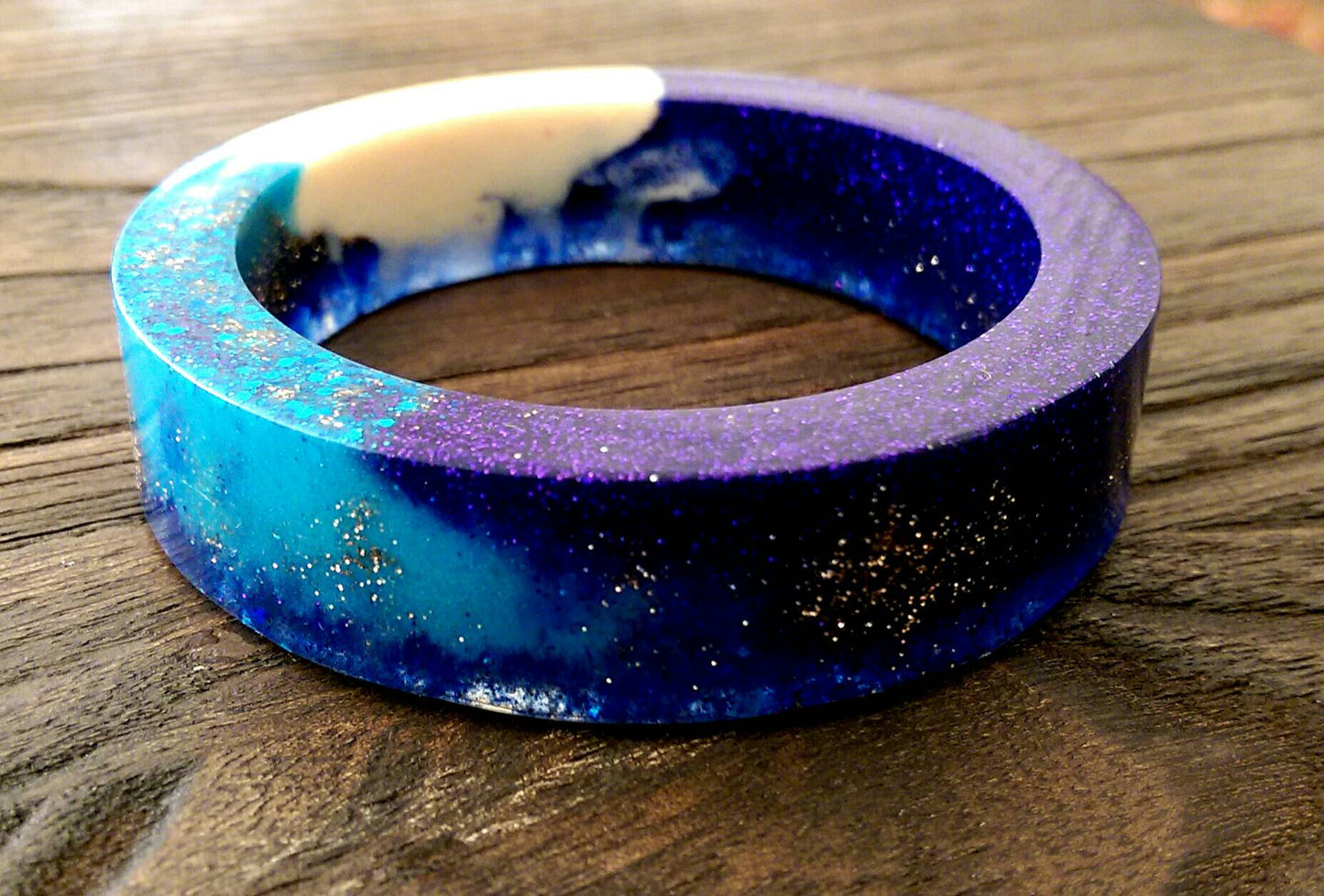 Galaxy Resin Bangle, One of a Kind Mix Blues, White & Glitter Resin Bangle Hand Made 62mm Diameter - Silver and Resin Designs