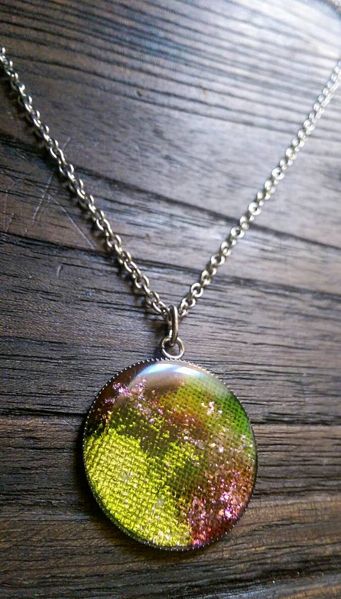 Resin Circle Necklace, Lime Green Purple mix glitter Stainless Steel. 30mm Circle Pendant.