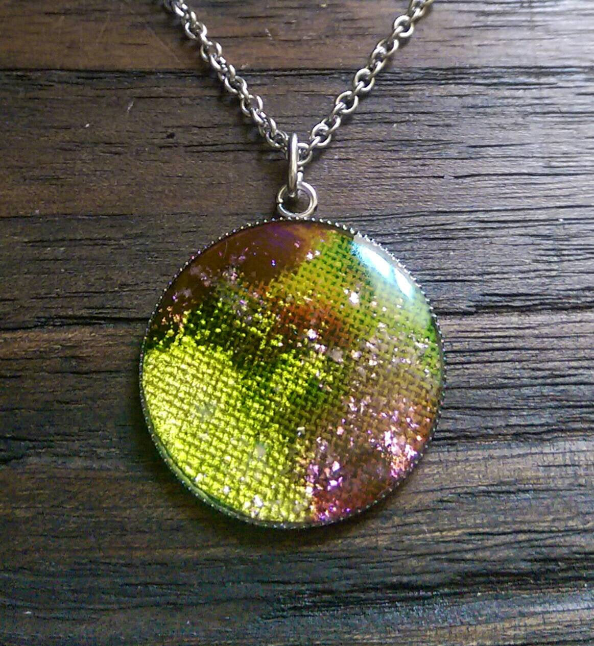 Resin Circle Necklace, Lime Green Purple mix glitter Stainless Steel. 30mm Circle Pendant.