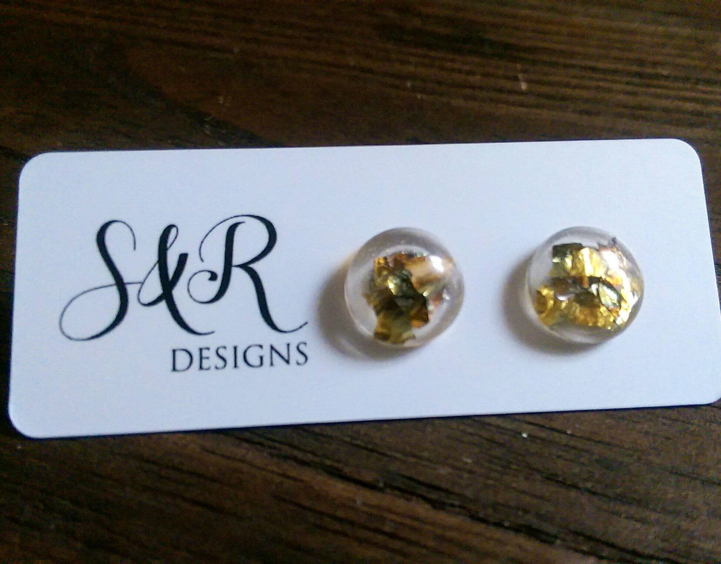 Circle Resin Stud Earrings, Rose Gold, Gold Mix Leaf Stud Earrings, Stainless Steel Stud Earrings. 12mm