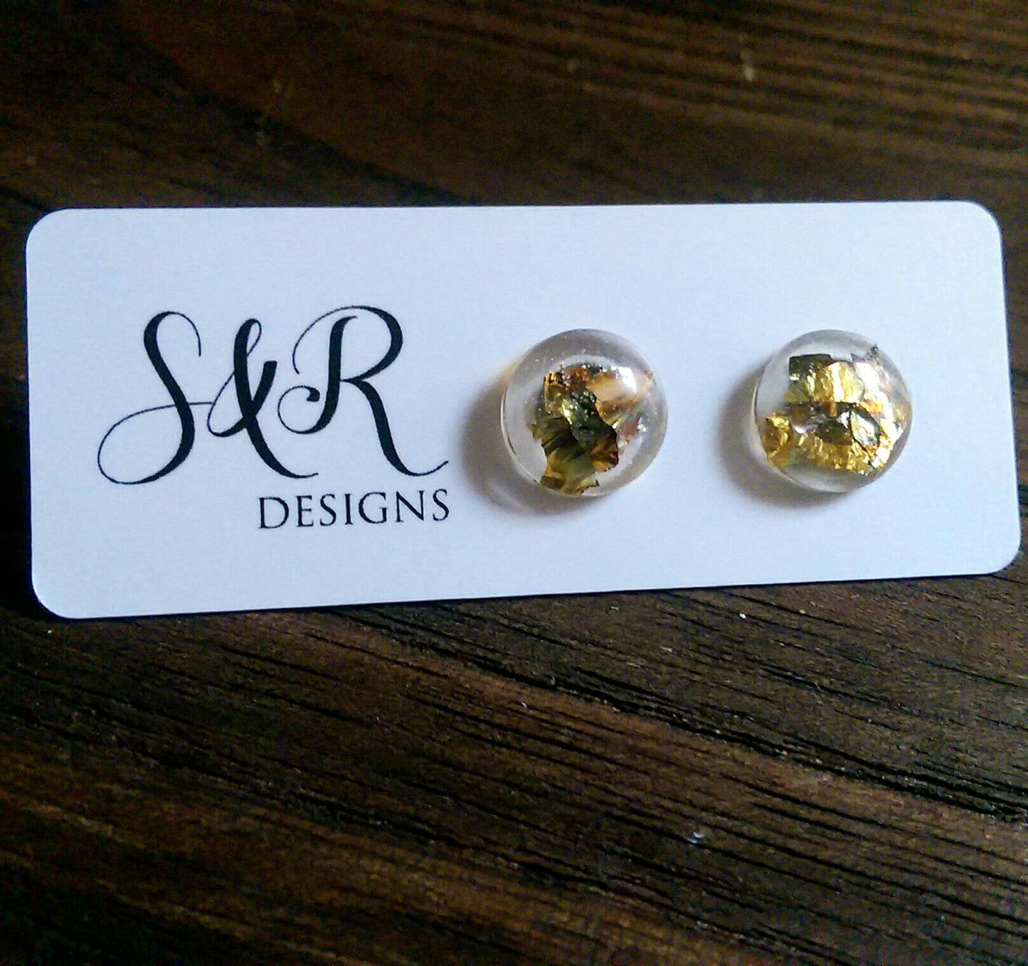 Circle Resin Stud Earrings, Rose Gold, Gold Mix Leaf Stud Earrings, Stainless Steel Stud Earrings. 12mm