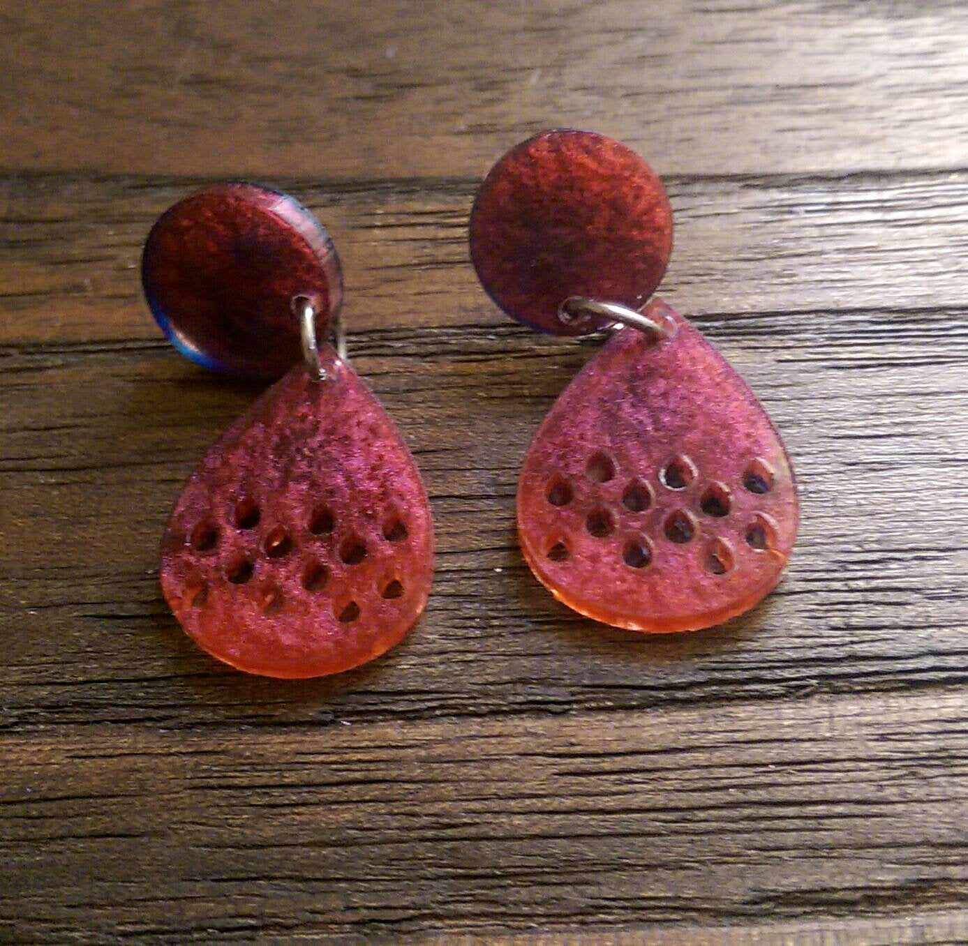Teardrops Long Resin Earrings, Blue and Red Pearl Colour Earrings, Stainless Steel Earrings