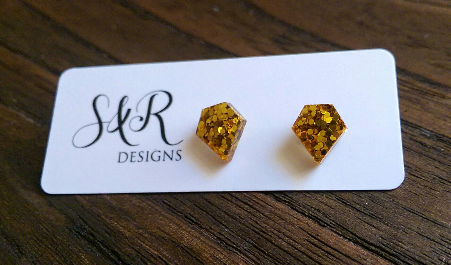 Diamond Cut Gold Resin Stud Earrings, Gold Glitter Earrings. Stainless Steel Stud Earrings.