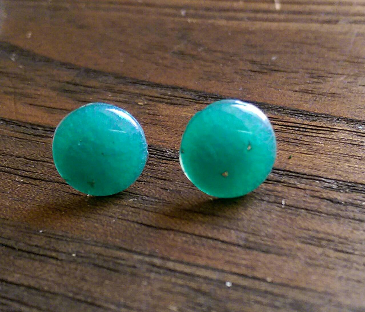 Teal Circle Resin Stud Earrings, Pearl Teal Earrings, Stainless Steel Stud Earrings. 12mm - Silver and Resin Designs