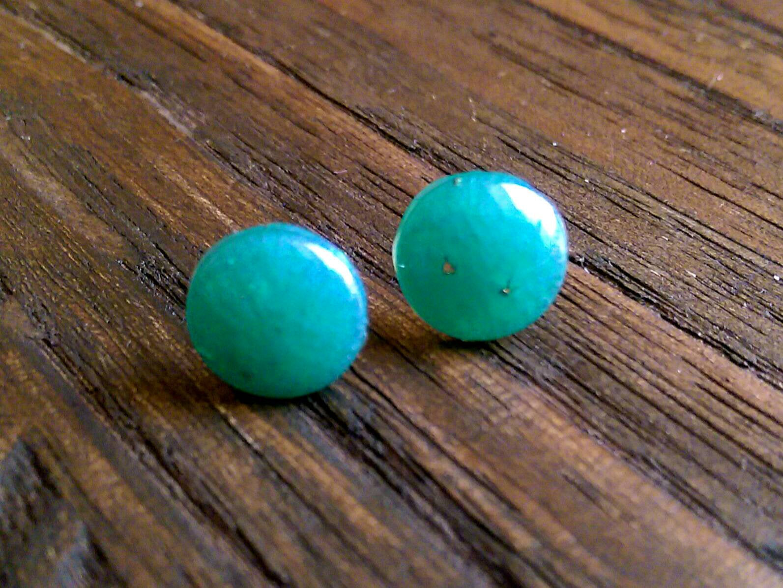 Teal Circle Resin Stud Earrings, Pearl Teal Earrings, Stainless Steel Stud Earrings. 12mm - Silver and Resin Designs
